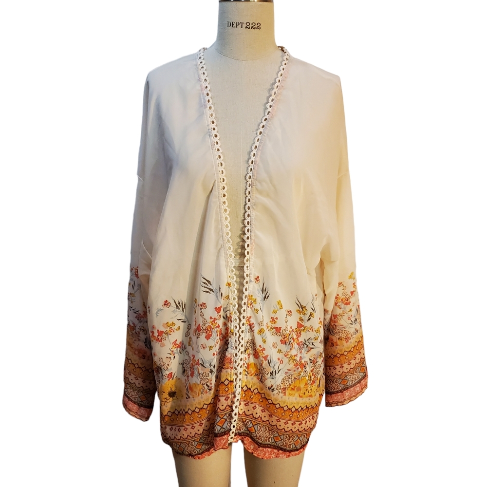 Tantrums Boho Floral Hippie Lace‎ Trim Kimono Cover Up Size XL Earthy Sheer